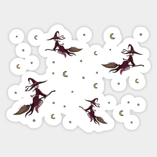 Flying witch on a broomstick with crescent moons and stars autumn halloween spooky pattern Sticker